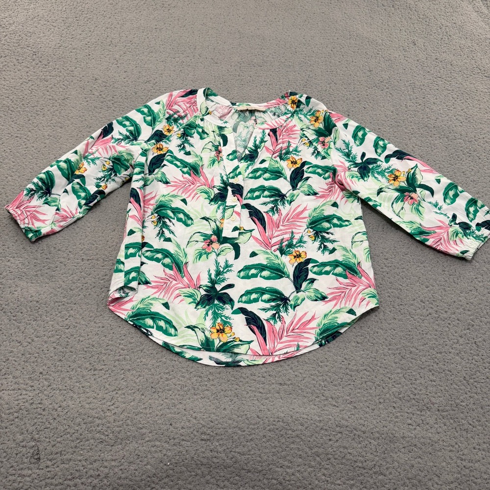 Loft Blouse Womens Medium Tropical Floral Leaf 3/4 Sleeve Button Split Neck